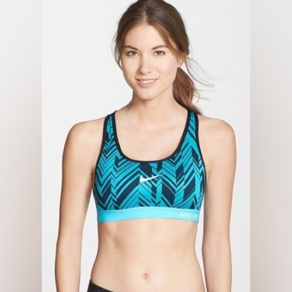 Nike blue and black print sports bra, size large